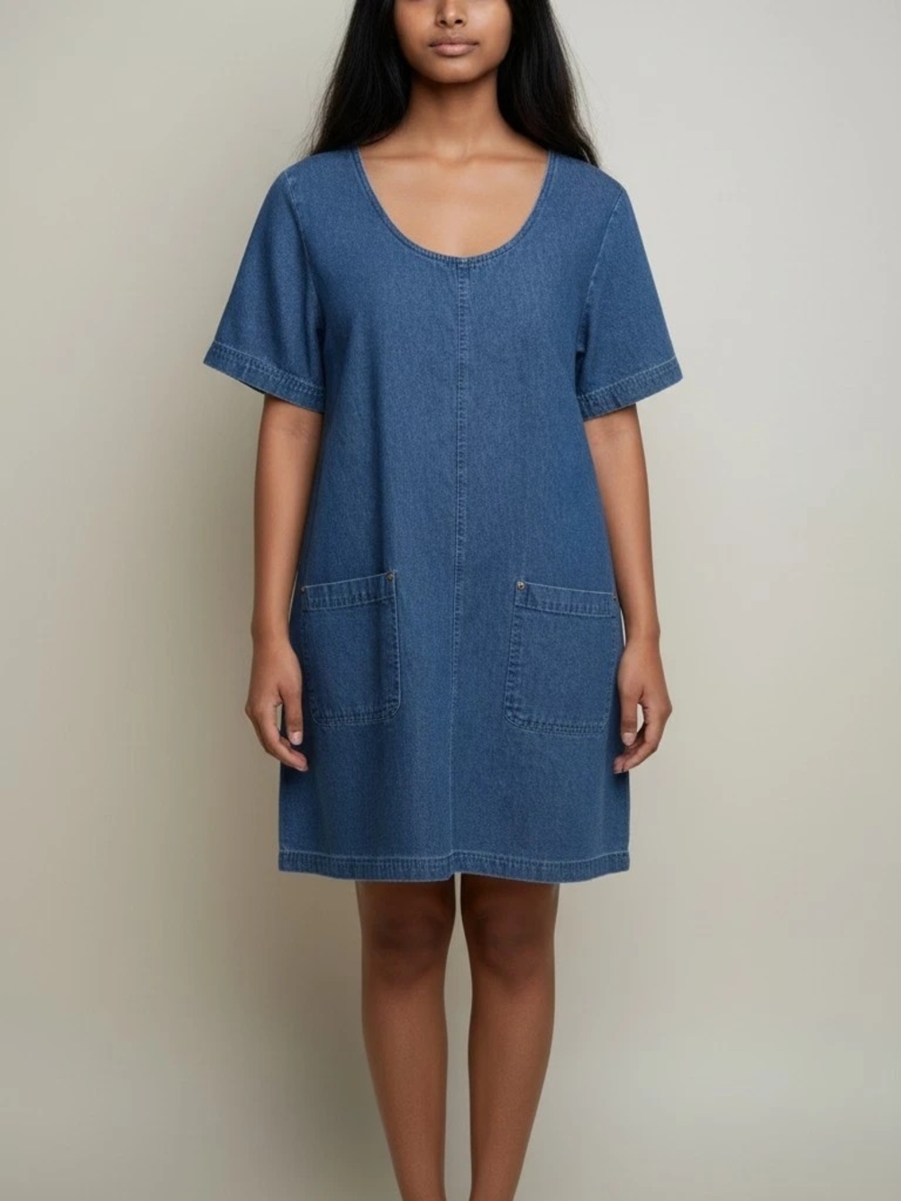 Denim Short-Sleeve Tunic Dress